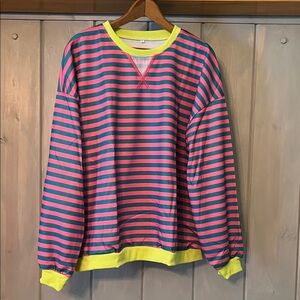 Striped Pink and Blue Sweatshirt with Neon Accents